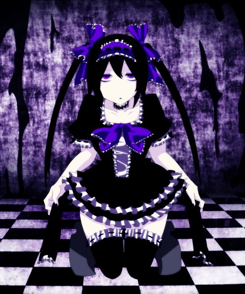 Anime picture 1200x1440 with touhou himekaidou hatate ako96 single long hair tall image black hair purple eyes checkered floor girl thighhighs dress bow black thighhighs