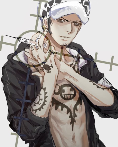 Anime picture 1000x1250 with one piece toei animation trafalgar law achyue single tall image looking at viewer short hair black hair holding brown eyes fingernails open clothes open jacket tattoo piercing twisty sleeves sidewhiskers boy earrings