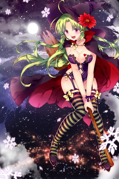 Anime picture 1000x1499 with original ice (ice aptx) single long hair tall image blush breasts open mouth light erotic cleavage pink eyes green hair night witch girl thighhighs hat moon witch hat striped thighhighs