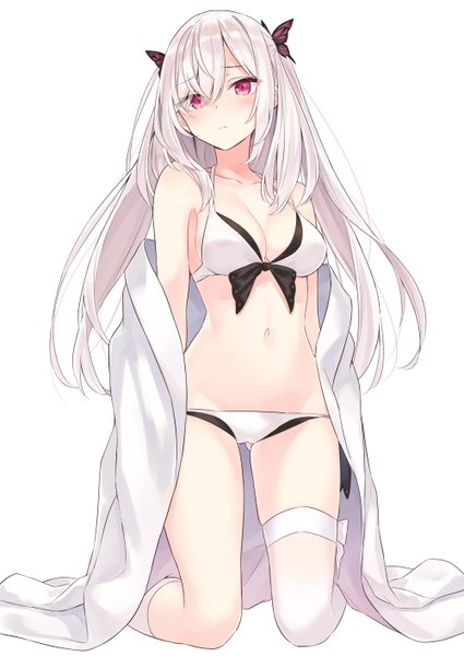 Anime picture 1000x1412 with original azuuru single long hair tall image looking at viewer blush fringe breasts light erotic simple background hair between eyes red eyes white background bare shoulders payot cleavage silver hair full body bent knee (knees)