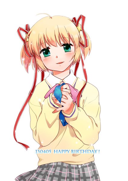 Anime picture 566x800 with little busters! key (studio) kamikita komari misaki juri single tall image looking at viewer blush fringe short hair open mouth simple background blonde hair smile white background holding green eyes ahoge pleated skirt inscription