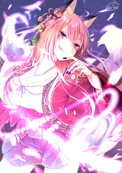 Anime picture 1417x2000 with original chita (ketchup) single long hair tall image looking at viewer blush fringe breasts hair between eyes red eyes brown hair large breasts standing signed animal ears ahoge tail nail polish traditional clothes
