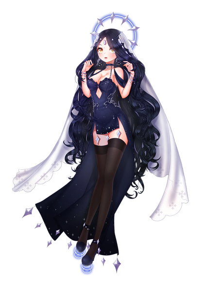 Anime picture 800x1132 with original ming (applem7) single tall image looking at viewer blush open mouth black hair brown eyes full body very long hair wavy hair transparent background thighhighs dress black thighhighs