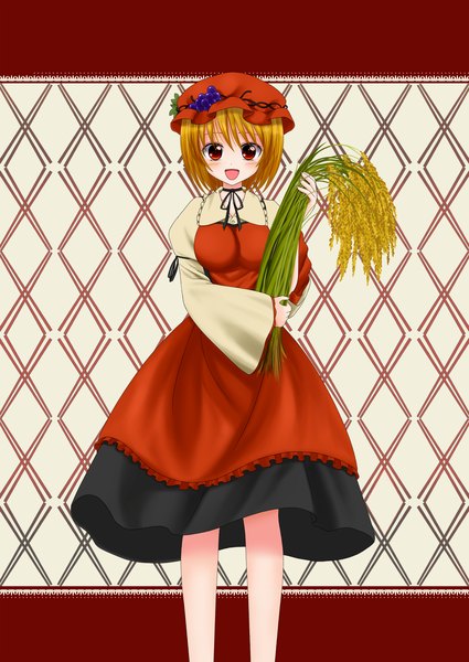 Аниме картинка 1240x1750 с touhou aki minoriko chien zero один (одна) высокое изображение короткие волосы открытый рот красные глаза оранжевые волосы девушка платье растение (растения) шляпа трава
