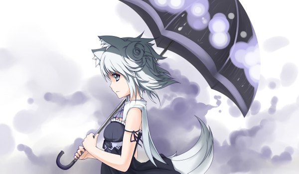 Anime picture 1320x769 with original eskimofox single short hair wide image animal ears white hair tail fox girl girl dress umbrella