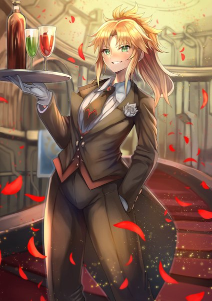 Anime picture 2894x4093 with fate (series) fate/grand order mordred (fate) ohako (ohako1818) single long hair tall image looking at viewer blush fringe highres blonde hair smile standing holding green eyes payot ponytail indoors grin