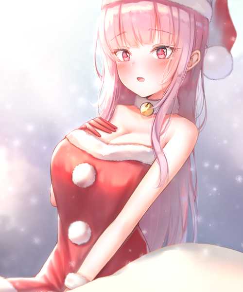 Anime picture 2500x3000 with virtual youtuber hololive hololive english mori calliope ijac ray single long hair tall image blush fringe highres breasts open mouth light erotic large breasts pink hair cleavage pink eyes hand on chest snowing