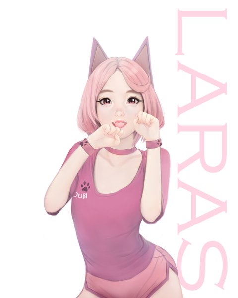 Anime picture 2400x3000 with original laras (jubi) jubi (regiana) single tall image looking at viewer highres short hair simple background white background signed animal ears pink hair pink eyes cat ears realistic fang (fangs) character names lipstick flat chest