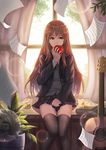 Anime picture 2480x3508 with original shirokun0824 single long hair tall image looking at viewer fringe highres blue eyes hair between eyes brown hair sitting holding indoors pleated skirt sunlight thigh gap eating knees touching girl