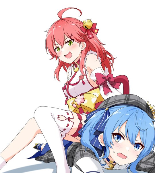 Anime picture 1800x2000 with virtual youtuber hololive hoshimachi suisei sakura miko hoshimachi suisei (1st costume) sakura miko (1st costume) felutiahime long hair tall image fringe highres breasts open mouth blue eyes simple background smile hair between eyes white background sitting multiple girls