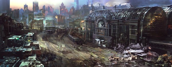 Anime picture 1600x631 with original lsltmr wide image city cityscape no people landscape ruins window building (buildings) lantern house road door train roof train station railways railroad tracks garbage