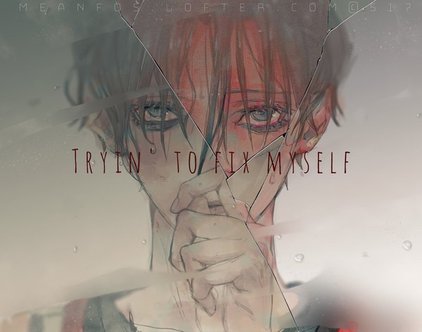 Anime picture 1499x1181 with killing stalking yoon bum meanfos single looking at viewer fringe short hair black hair hair between eyes broken glass boy glass