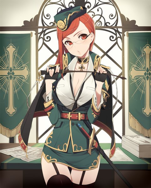 Anime picture 1000x1244 with original ssberit single long hair tall image looking at viewer breasts light erotic red eyes large breasts red hair zettai ryouiki girl thighhighs uniform weapon black thighhighs hat sword choker