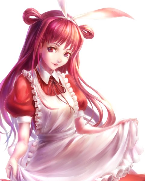 Anime picture 1869x2329 with beatmania beatmania iidx umegiri ameto grape.mk-233 single long hair tall image looking at viewer fringe highres simple background red eyes white background red hair puffy sleeves girl ribbon (ribbons) frills hairband apron
