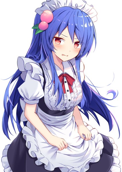 Anime picture 900x1270 with touhou hinanawi tenshi e.o. single long hair tall image looking at viewer blush simple background red eyes white background blue hair maid puffy sleeves girl uniform headdress maid headdress