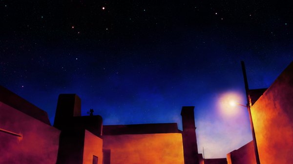 Anime picture 1600x900 with original cane (artist) wide image night cityscape silhouette animal building (buildings) star (stars) cat roof