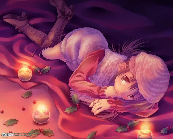 Anime picture 1280x1024 with original kiririn long hair looking at viewer blush brown hair brown eyes lying christmas girl thigh boots sweater cap candle (candles)