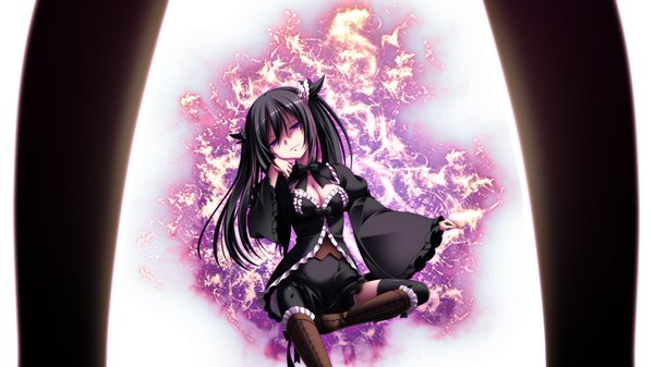 Anime picture 2560x1440 with gensou no idea shinomori rinon makita maki single long hair looking at viewer highres breasts light erotic black hair wide image large breasts sitting twintails game cg cleavage heterochromia lolita fashion girl hair ornament
