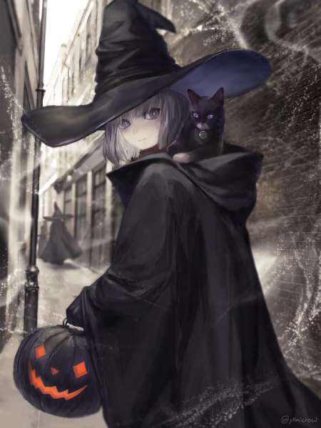 Anime picture 1800x2400 with original karasuba yomi tall image highres short hair purple eyes signed outdoors looking back grey hair twitter username solo focus halloween witch girl hat animal building (buildings) cat witch hat