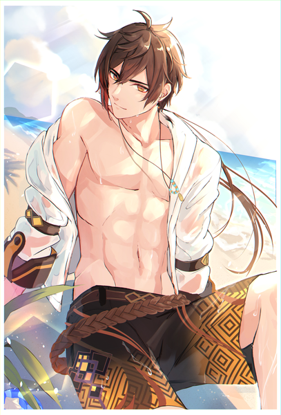 Anime picture 2750x4050 with genshin impact zhongli (genshin impact) goroo (eneosu) single long hair tall image fringe highres hair between eyes brown hair brown eyes looking away outdoors wind arm support open shirt beach lens flare groin border