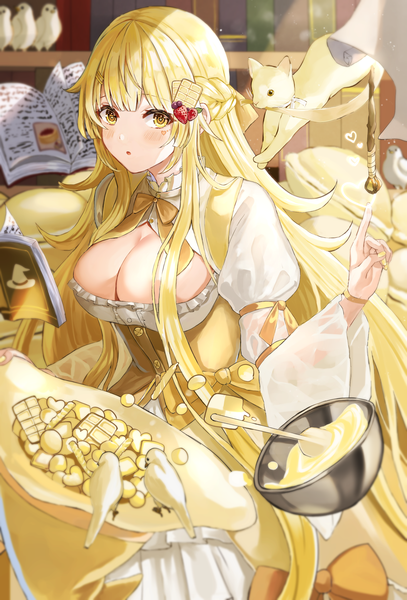 Anime picture 1793x2644 with original minestrone takizawa single tall image looking at viewer blush fringe highres breasts open mouth light erotic blonde hair large breasts standing sitting yellow eyes payot cleavage indoors blunt bangs