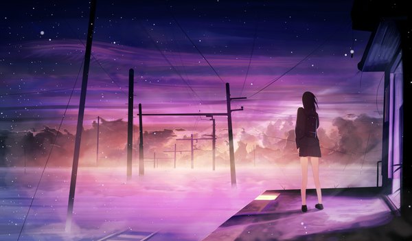 Anime picture 3840x2251 with original banishment single long hair highres black hair wide image absurdres sky cloud (clouds) evening sunset girl skirt uniform school uniform miniskirt star (stars) wire (wires) train station