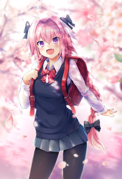 Anime picture 2760x4040 with fate (series) fate/apocrypha astolfo (fate) samoore single long hair tall image looking at viewer blush fringe highres open mouth smile hair between eyes standing purple eyes pink hair outdoors braid (braids) long sleeves
