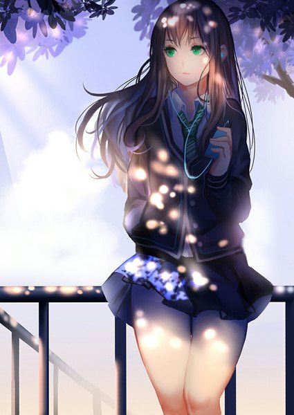 Anime picture 797x1125 with idolmaster idolmaster cinderella girls shibuya rin xiaoshou xiansheng single long hair tall image fringe brown hair green eyes looking away pleated skirt sunlight thighs open collar hand in pocket sunbeam girl skirt uniform