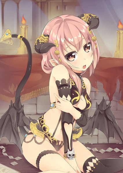 Anime picture 2150x3035 with original kureha (angelite) single long hair tall image blush highres breasts open mouth light erotic sitting looking away pink hair cleavage tail braid (braids) pink eyes horn (horns) pointy ears twin braids