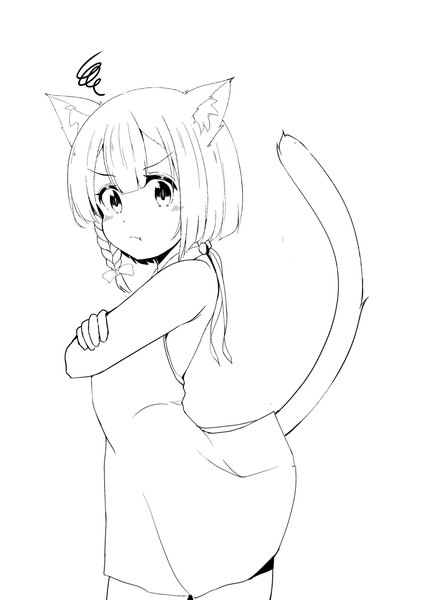 Anime picture 1506x2048 with original suzune kou single tall image looking at viewer short hair simple background white background animal ears tail braid (braids) animal tail cat ears cat girl cat tail sleeveless monochrome side braid crossed arms :t