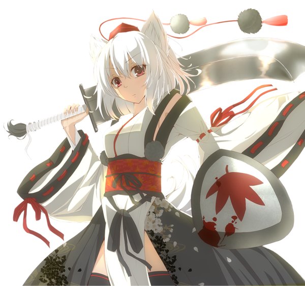Anime picture 1312x1230 with touhou inubashiri momiji dabadhi short hair simple background red eyes white background animal ears white hair traditional clothes japanese clothes kourindou tengu costume girl thighhighs weapon black thighhighs hat detached sleeves sword obi