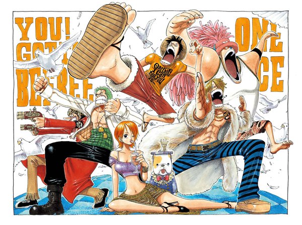 Anime picture 1560x1165 with one piece toei animation nami (one piece) monkey d. luffy roronoa zoro sanji tony tony chopper usopp oda eiichirou looking at viewer fringe short hair breasts open mouth black hair blonde hair standing sitting holding looking away