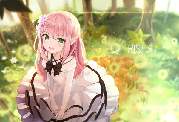 Anime picture 2200x1499 with original rozye single long hair looking at viewer blush fringe highres open mouth green eyes pink hair hair flower from above pointy ears sunlight sparkle character names lens flare elf girl