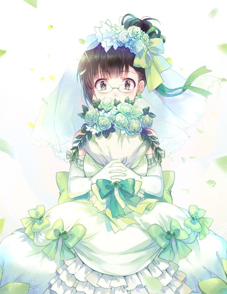 Anime picture 893x1157 with osomatsu-san choroko (osomatsu-san) ekita xuan single tall image blush short hair black hair green eyes wind sparkle hair bun (hair buns) looking down alternate hairstyle covered mouth girl dress gloves hair ornament flower (flowers)