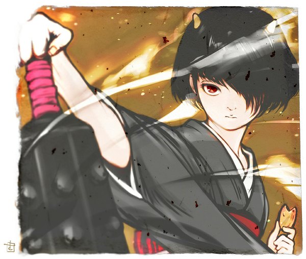 Anime picture 1000x845 with gintama sunrise (studio) gedomaru sapon244 single fringe short hair black hair red eyes traditional clothes japanese clothes horn (horns) hair over one eye framed oni horns girl weapon kimono cookie (cookies) baseball bat