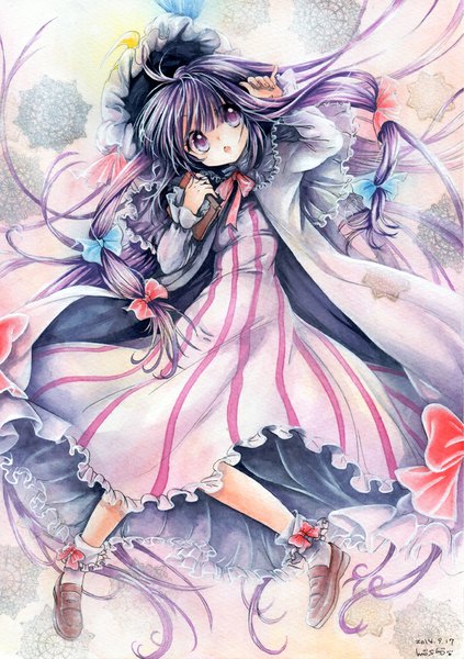 Anime picture 705x1000 with touhou patchouli knowledge mosho single tall image fringe open mouth purple eyes signed purple hair very long hair looking up traditional media watercolor (medium) girl dress bow hair bow book (books) bonnet