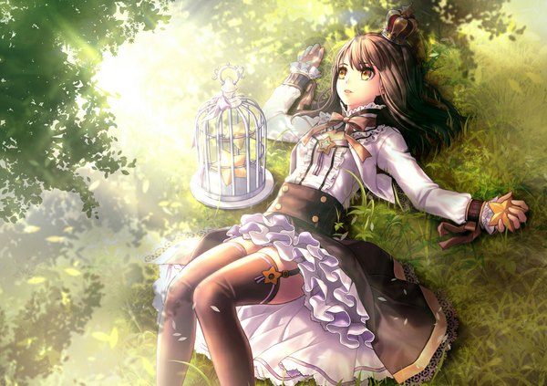 Anime picture 1024x722 with original metto single long hair fringe open mouth brown hair yellow eyes lying long sleeves sunlight on back girl thighhighs skirt ribbon (ribbons) bow black thighhighs plant (plants) frills