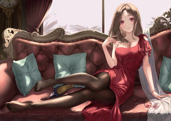 Anime picture 3684x2605 with original tooku0 single long hair looking at viewer blush fringe highres breasts red eyes brown hair sitting absurdres cleavage full body bent knee (knees) indoors head tilt arm support sparkle