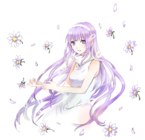 Anime picture 1352x1310 with tales of graces sophie (tales) single long hair purple eyes bare shoulders purple hair girl dress flower (flowers) petals hairband