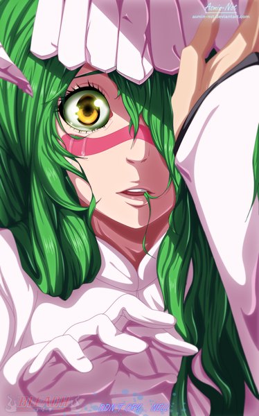 Anime picture 749x1200 with bleach studio pierrot nelliel tu odelschwanck iitheluciferii long hair tall image fringe yellow eyes green hair hair over one eye inscription tears coloring facial mark close-up espada hair in mouth girl gloves white gloves