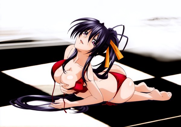 Anime picture 6969x4917 with highschool dxd himejima akeno miyama zero mishima hiroji single looking at viewer blush highres breasts open mouth light erotic large breasts purple eyes absurdres cleavage purple hair ponytail very long hair scan official art