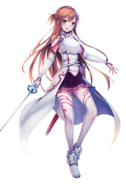 Anime picture 1345x1969 with sword art online a-1 pictures yuuki asuna pen (steelleets) single long hair tall image looking at viewer blush open mouth simple background brown hair white background bare shoulders brown eyes girl thighhighs skirt weapon detached sleeves