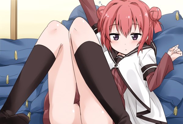 Anime picture 2622x1772 with yuru yuri doga kobo akaza akari mousou (mousou temporary) single looking at viewer blush highres short hair light erotic red hair black eyes arms up knees touching knees together feet apart girl uniform school uniform shirt socks