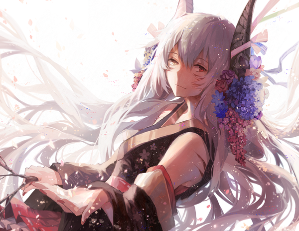Anime picture 800x618 with original kane (kanekiru) single long hair looking at viewer fringe red eyes white hair nail polish traditional clothes japanese clothes looking back hair flower wind sunlight outstretched arm floral print sunbeam red nail polish girl