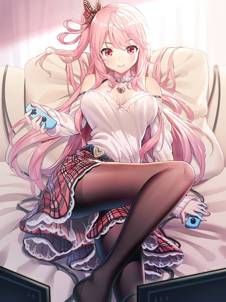 Anime picture 900x1200 with original nintendo emily stock ririko (zhuoyandesailaer) single long hair tall image looking at viewer blush fringe breasts light erotic smile hair between eyes red eyes bare shoulders holding pink hair indoors one side up