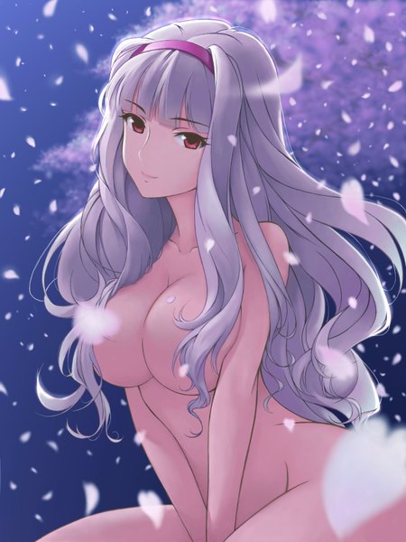 Anime picture 1200x1600 with idolmaster shijou takane tsukiyo umi single long hair tall image looking at viewer fringe breasts light erotic smile red eyes large breasts sitting bare shoulders purple hair wind night bare legs bare belly