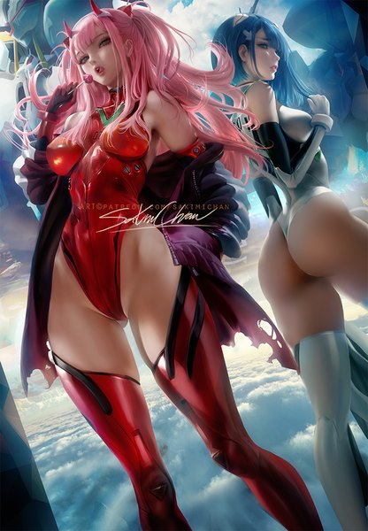 Anime picture 694x1000 with neon genesis evangelion darling in the franxx gainax studio trigger zero two (darling in the franxx) ichigo (darling in the franxx) strelizia sakimichan long hair tall image looking at viewer fringe short hair breasts open mouth light erotic large breasts standing bare shoulders multiple girls