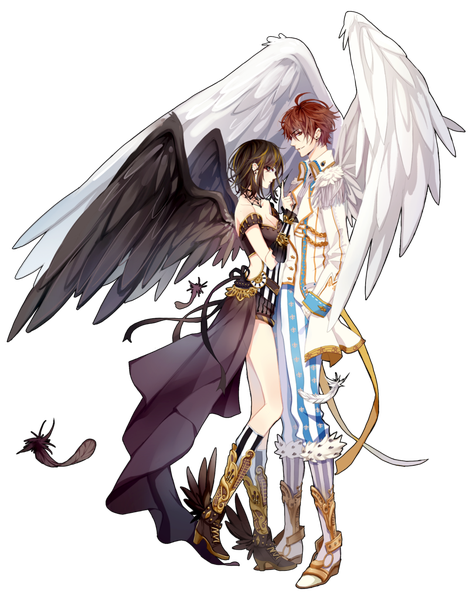 Anime picture 812x1024 with original rurucha tall image short hair black hair brown hair standing bare shoulders brown eyes looking away full body bent knee (knees) profile open jacket couple striped transparent background angel wings hand in pocket black wings