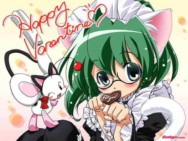 Anime picture 1024x768 with original galge.com mouse (galge.com) scanner (galge.com) animal ears cat ears maid valentine girl glasses food heart sweets chocolate mouse
