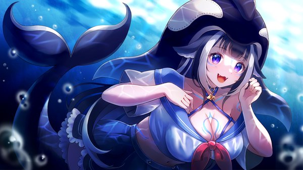 Anime-Bild 1000x562 mit virtual youtuber indie virtual youtuber shylily shylily (1st costume) 60mai single long hair looking at viewer fringe breasts open mouth light erotic black hair wide image large breasts purple eyes white hair tail blunt bangs :d